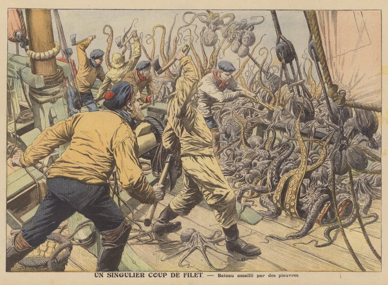 Um barco de pesca atacado pela sua captura de polvo (cor litho) de French School