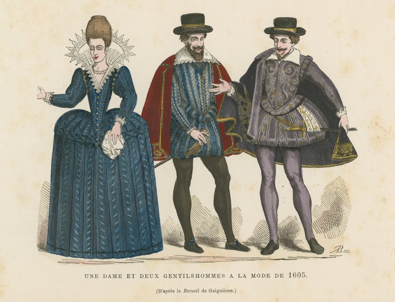 Uma senhora e dois senhores na moda de 1605 de French School