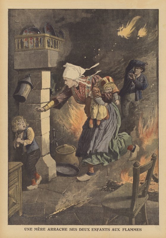Uma mãe a salvar os seus filhos de uma fogueira (cor litho) de French School