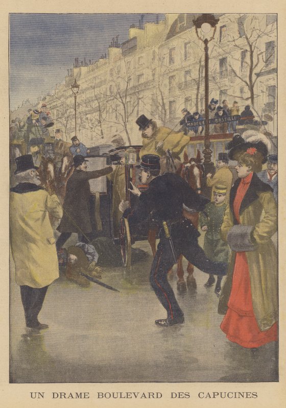 Um assassinato na Boulevard des Capucines, Paris (cor litho) de French School