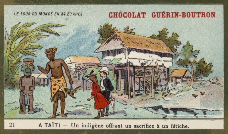 Um nativo oferecendo um sacrifício a um ídolo, o Taiti (chromolitho) de French School