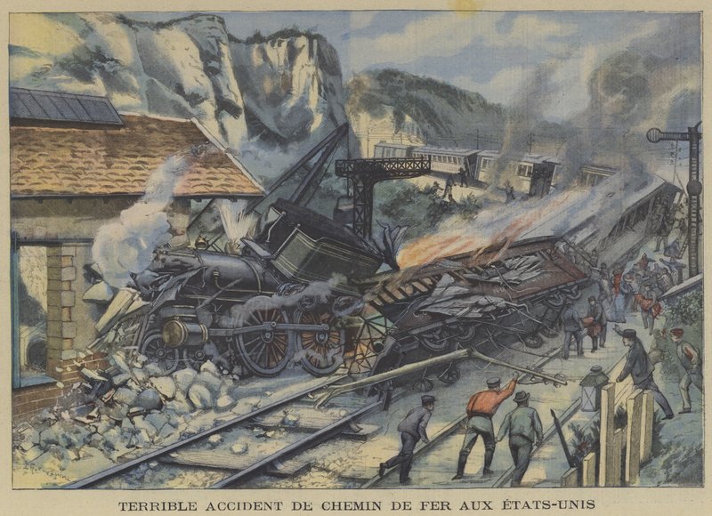 Um terrível acidente de trem nos Estados Unidos (cor litho) de French School