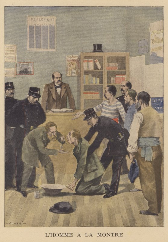 Um ladrão que engoliu um relógio que ele tinha roubado (cor litho) de French School