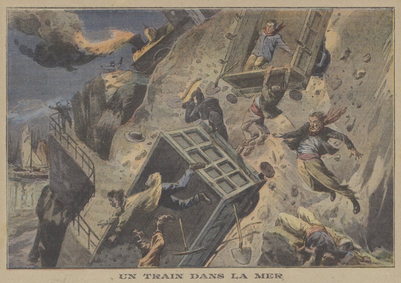 Um comboio a cair no mar (cor litho) de French School