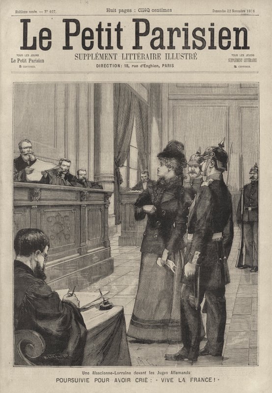 Uma mulher da Alsácia-Lorena perante um juiz alemão no tribunal por ter gritado "Vive la France!" (gravura) de French School