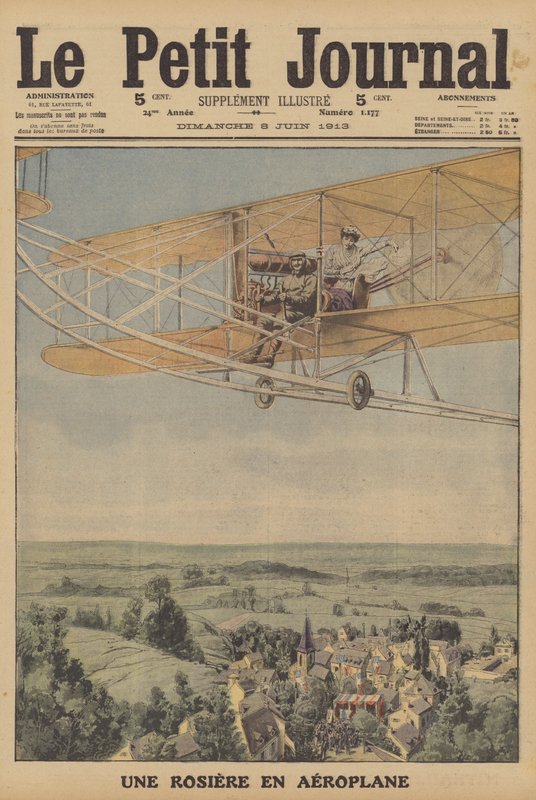Uma jovem que faz um voo num avião em Montferrand, França (cor litho) de French School