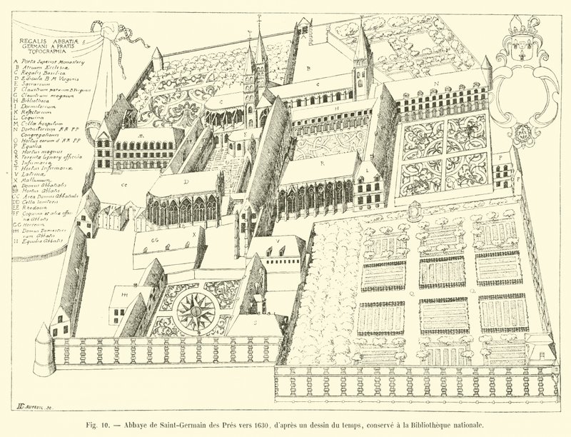 Abadia de Saint-Germain des Pres por volta de 1630, após um desenho da época, preservada na Biblioteca Nacional de French School