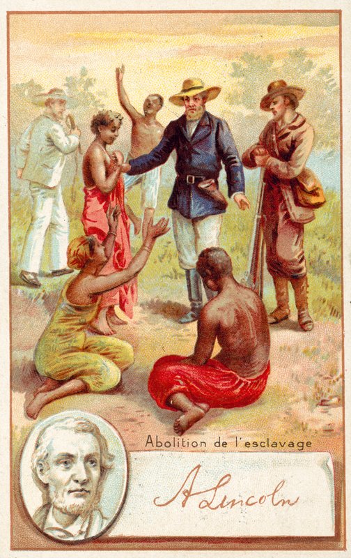 Abraham Lincoln e a abolição da escravatura nos Estados Unidos (chromolitho) de French School