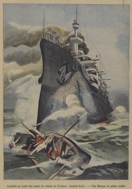 Afundamento acidental de um barco de pesca pelo cruzador blindado francês Almirante Aube durante provas de velocidade (cor litho) de French School