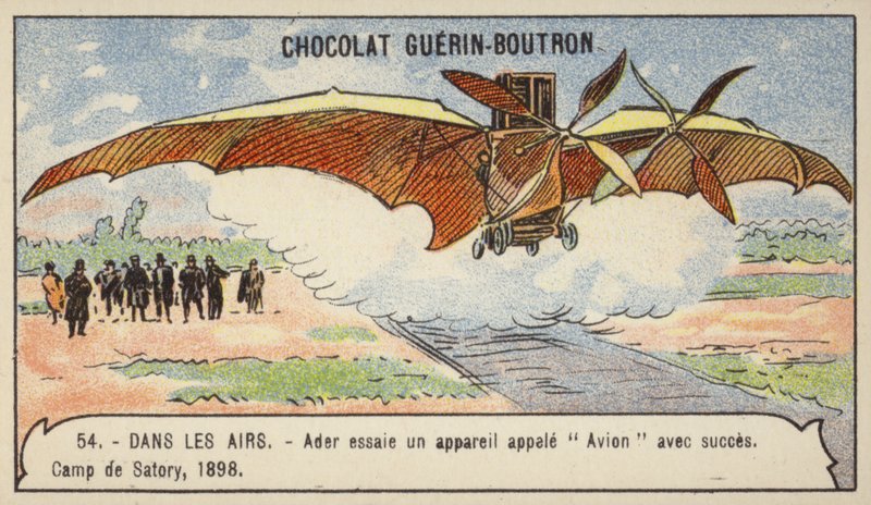 Ader faz um voo de sucesso na sua máquina voadora Avion, Camp de Satory, França de French School