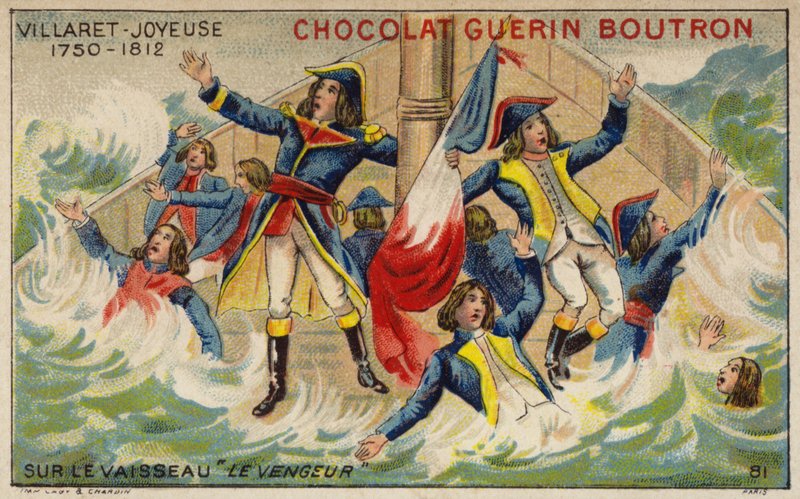 Almirante Villaret de Joyeuse a bordo do seu navio naufragado Vengeur du Peuple (chromolitho) de French School