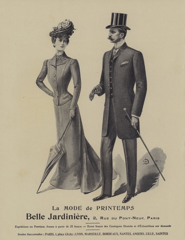 Anúncio de moda primaveril da loja de roupa Belle Jardiniere, Paris (litho) de French School
