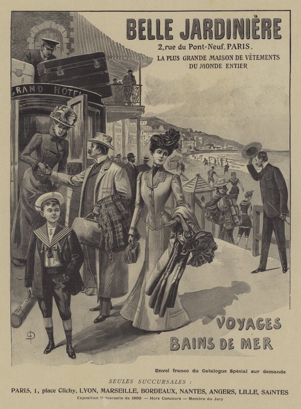 Anúncio para a loja de roupa Belle Jardiniere, Paris (litho) de French School