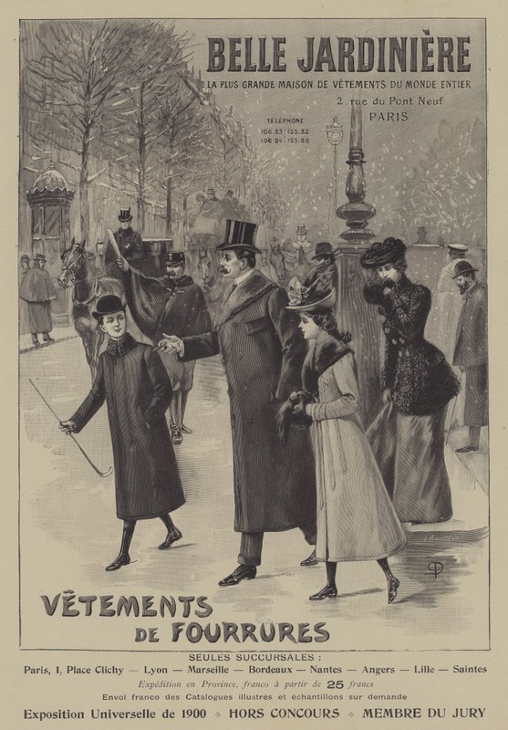Anúncios para vestuário de pele de Belle Jardiniere, Paris (litho) de French School