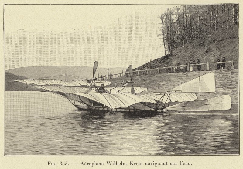 Aeroplano Wilhelm Kress navegando na água (gravação) de French School