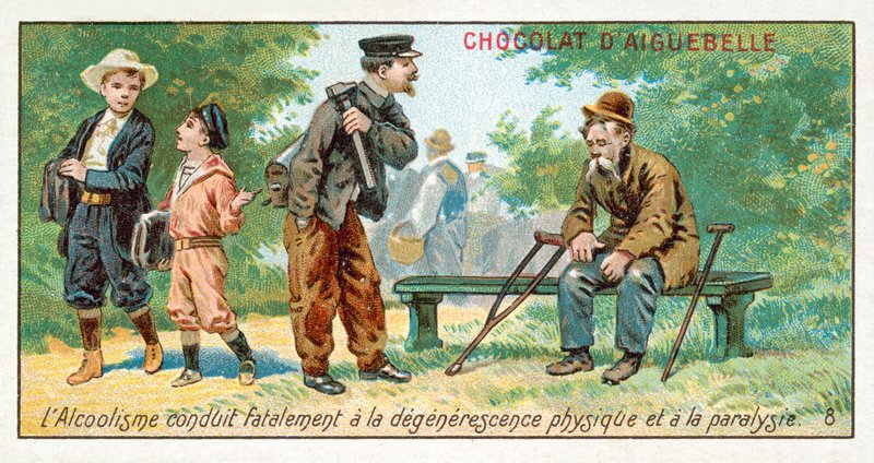 O alcoolismo conduz inevitavelmente à degeneração física e à paralisia (cromolitho) de French School