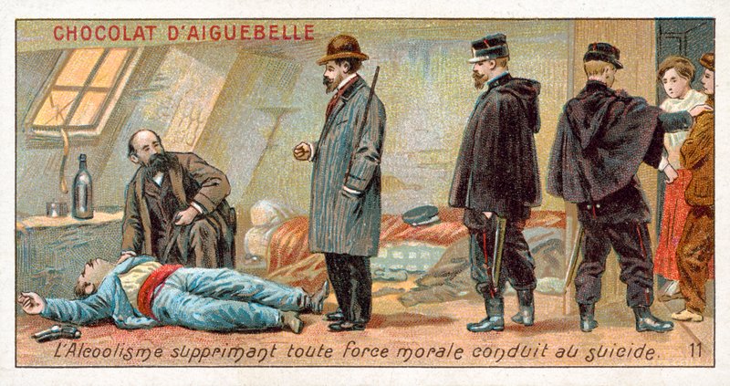 O alcoolismo suprime toda a força moral e leva ao suicídio (chromolitho) de French School