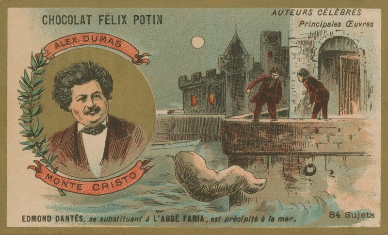 Alexander Dumas e uma cena do Conde de Monte Cristo de French School