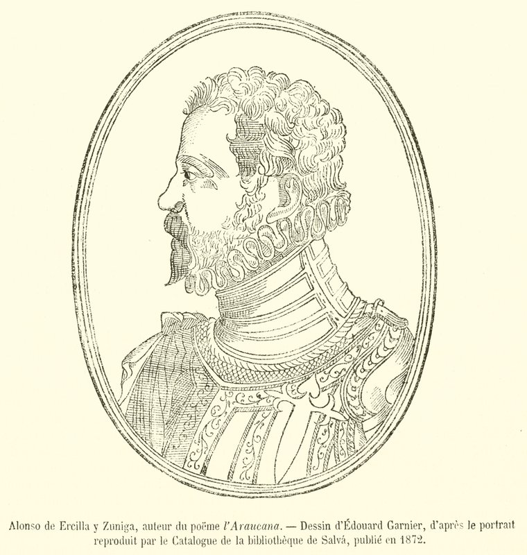 Alonso de Ercilla y Zuniga, autor do poema a Araucana (gravura) de French School
