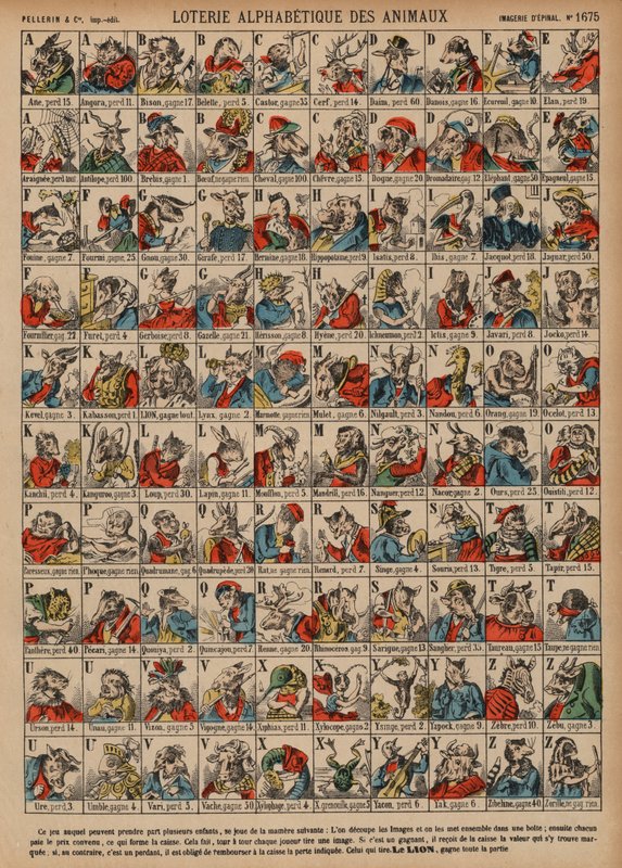 Lotaria alfabética de animais (gravura colorida) de French School