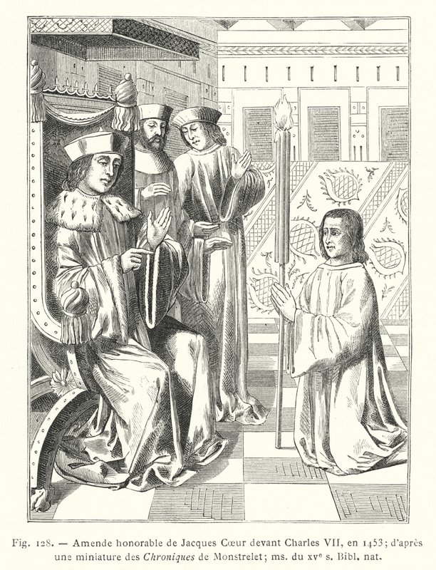 A multa honrosa de Jacques Coeur perante Carlos VII, em 1453; de uma miniatura das Crônicas de Monstrelet; ms. do século XV, Bibl nat (gravura) de French School