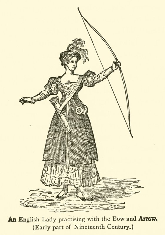 Uma senhora inglesa praticando com o arco e flecha, no início do século XIX (gravura) de French School