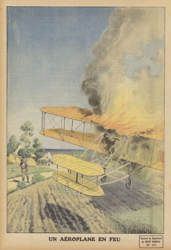 Um avião em chamas (cor litho) de French School