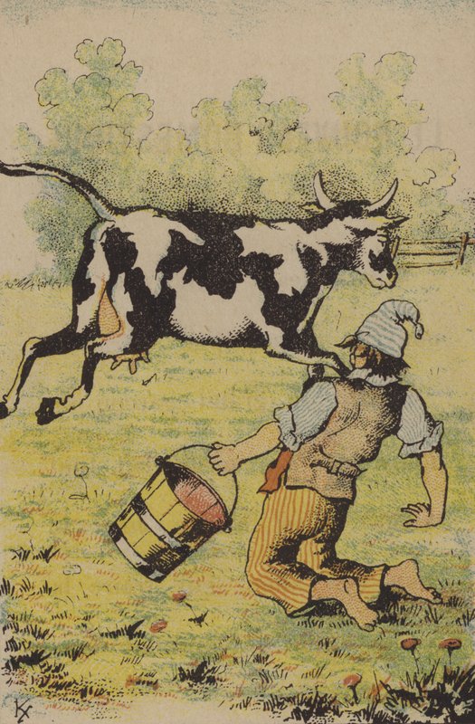 Uma tentativa fracassada de ordenhar uma vaca (cor litho) de French School