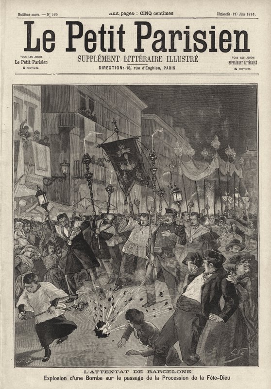 Ataque anarquista à bomba na procissão de Corpus Christi deixando a Igreja de Santa Maria, Barcelona, Espanha de French School