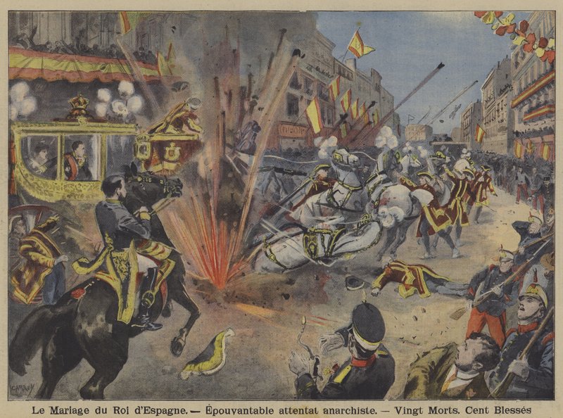 Ataque bomba anarquista contra a procissão de casamento do rei Alfonso XIII e da rainha Victoria Eugenie de Battenberg em Madri de French School