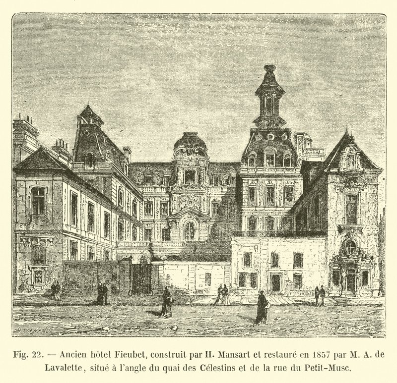 Antigo hotel Fieubet, construído por H Mansart e restaurado em 1857 por MA de Lavalette, localizado no Quai des Celestins e rue du Petit-Musc de French School