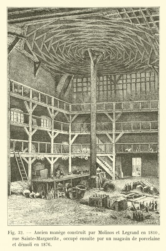 Antigo manege construído por Molinos e Legrand em 1810, rue Sainte-Marguerite, então ocupado por uma loja de porcelana e demoli em 1876 de French School
