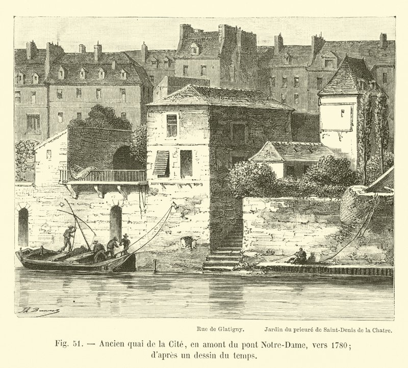 Old Quai de la Cité, a montante da Ponte Notre-Dame, por volta de 1780; dapres um desenho do tempo de French School