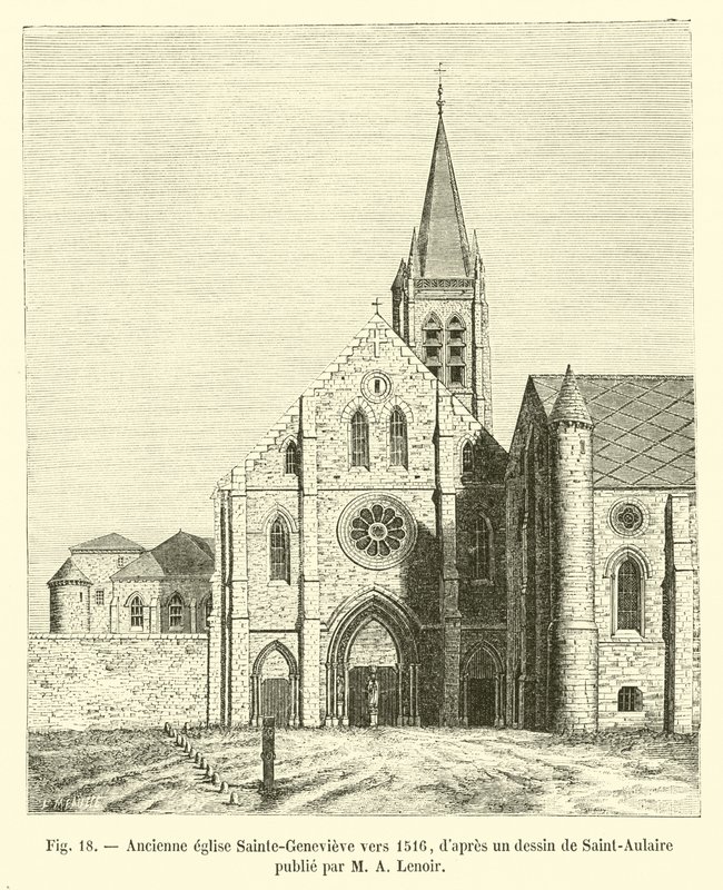 Antiga igreja de Sainte-Genevieve por volta de 1516, depois de um desenho de Saint-Aulaire publicado por MA Lenoir de French School
