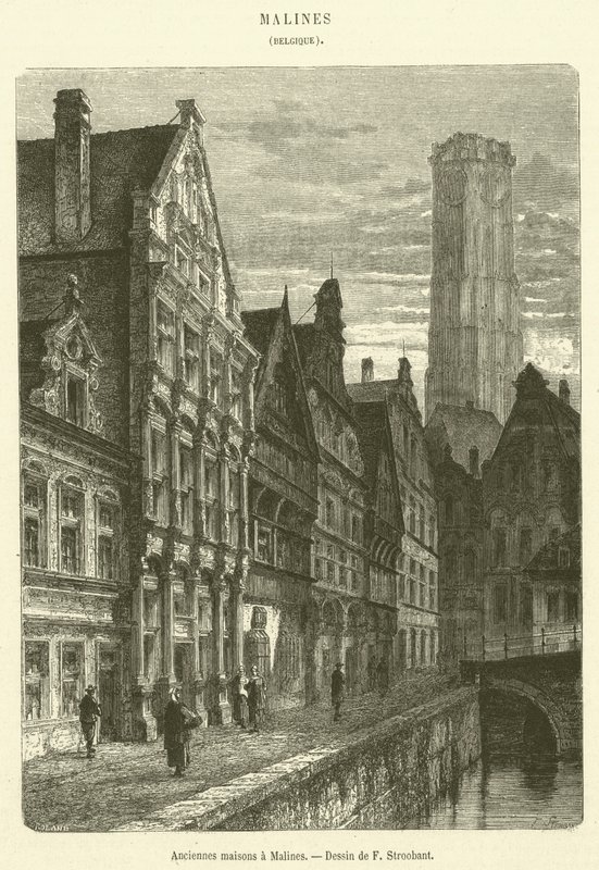 Casas antigas em Mechelen (gravura) de French School