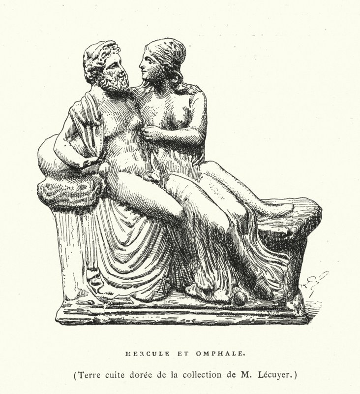 Antiga escultura grega de terracota de Hércules e Omphale (gravura) de French School