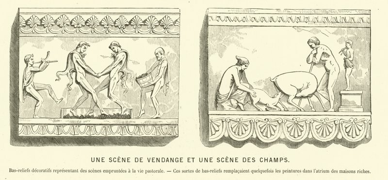 Antigos baixos-relevos romanos representando uma vindima e uma cena nos campos (gravura) de French School