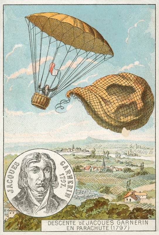 Andre-Jacques Garnerin a descer de um balão de pára-quedas de French School