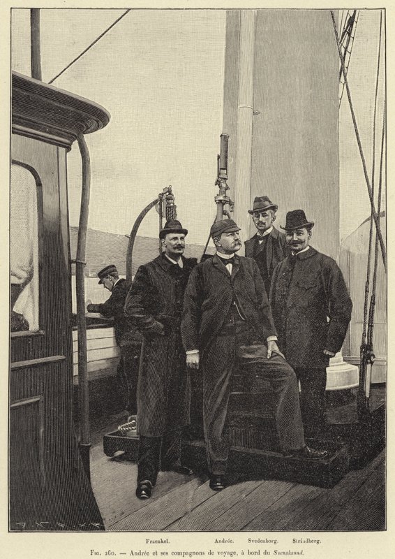 Andree e os seus companheiros de viagem a bordo do Svensksund (gravura) de French School