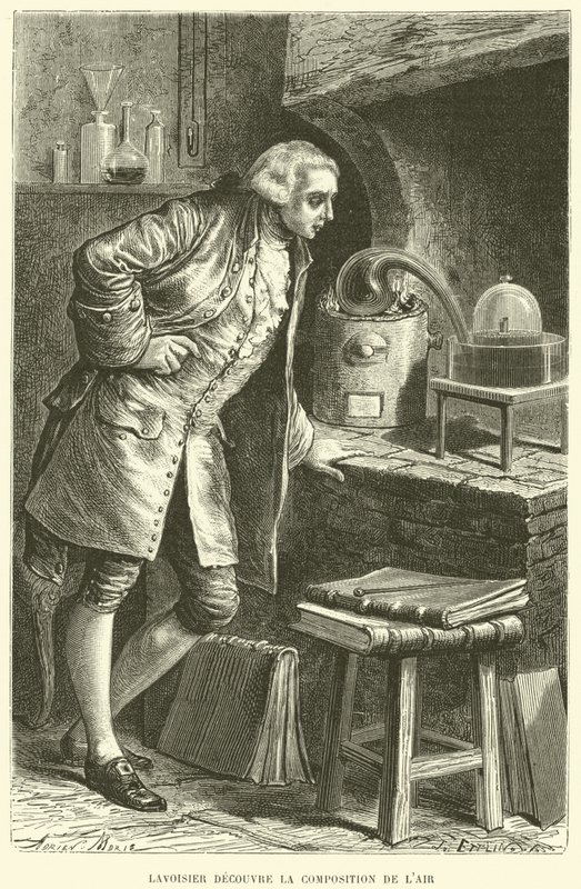 Antoine Lavoisier descobre a composição do Ar (gravura) de French School