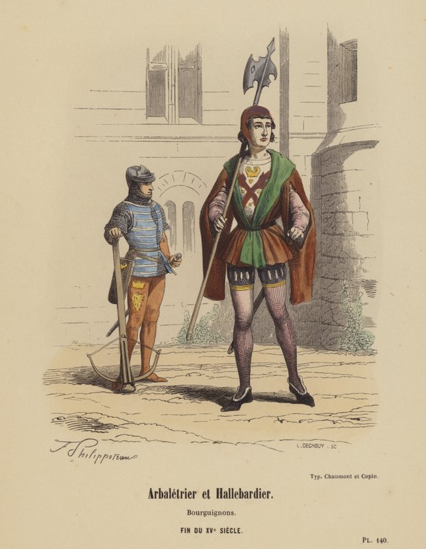 Crossbowman and Halberdier, borgonhês, final do século XV (gravura colorida) de French School