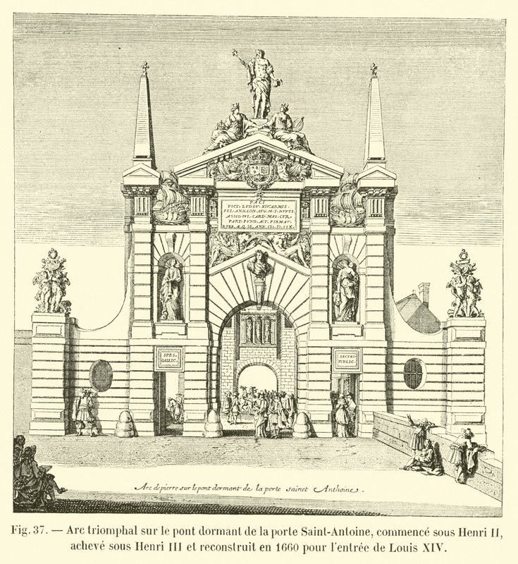Arco triunfal na ponte adormecida da Porte Saint-Antoine, começa sob Henrique II, concluída sob Henrique III e reconstruída em 1660 para a entrada de Luís XIV de French School