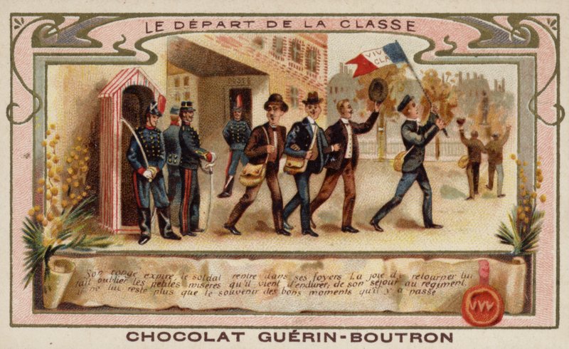 Cadetes do Exército partem para ingressar no seu regimento depois de se formarem na academia (chromolitho) de French School