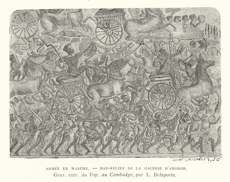 Exército em marcha, baixo-relevo de Angkor, Camboja (gravura) de French School