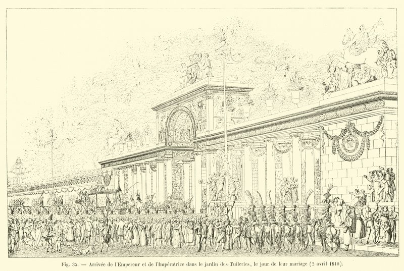 Chegada do Imperador e do Imperador no Jardim das Tulherias, no dia do casamento deles, 2 de abril de 1810 de French School