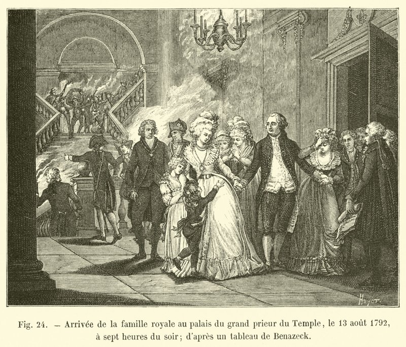 Chegada da família real no palácio do Grande Prior do Templo, em 13 de agosto de 1792, às sete horas da noite; de uma pintura de Benazeck de French School