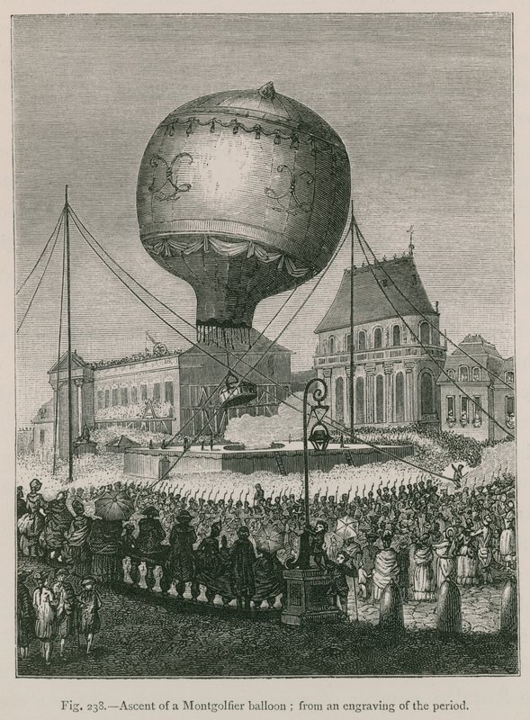 Subida de um Balão Montgolfier; de gravuras do período de French School
