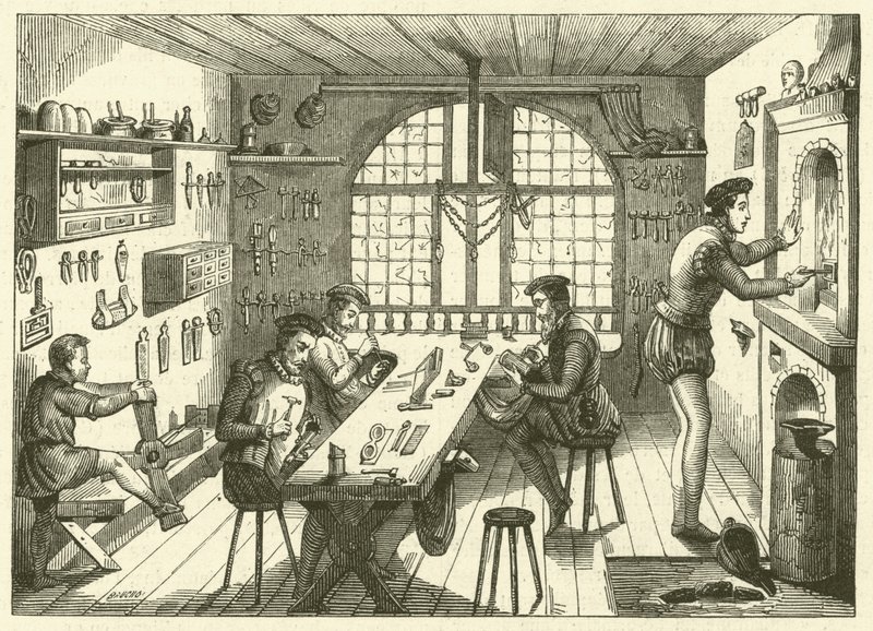 Oficina de Etienne de Laulne, conhecida como Stephanus, ourivesaria do século XVI (gravura) de French School