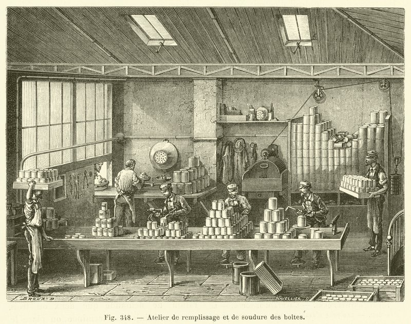 Oficina de enchimento e soldagem de latas (gravura) de French School