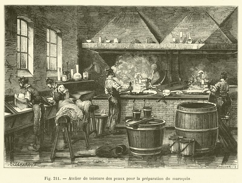 Oficina de tingimento de couro para a preparação de artigos de couro (gravura) de French School